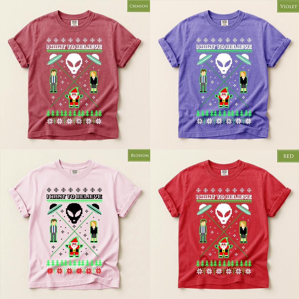 Comfort Colors® I Want to Believe Christmas Shirt, Alien UFO Holiday Tee, Retro X Files Inspired Gift, Funny Xmas Graphic