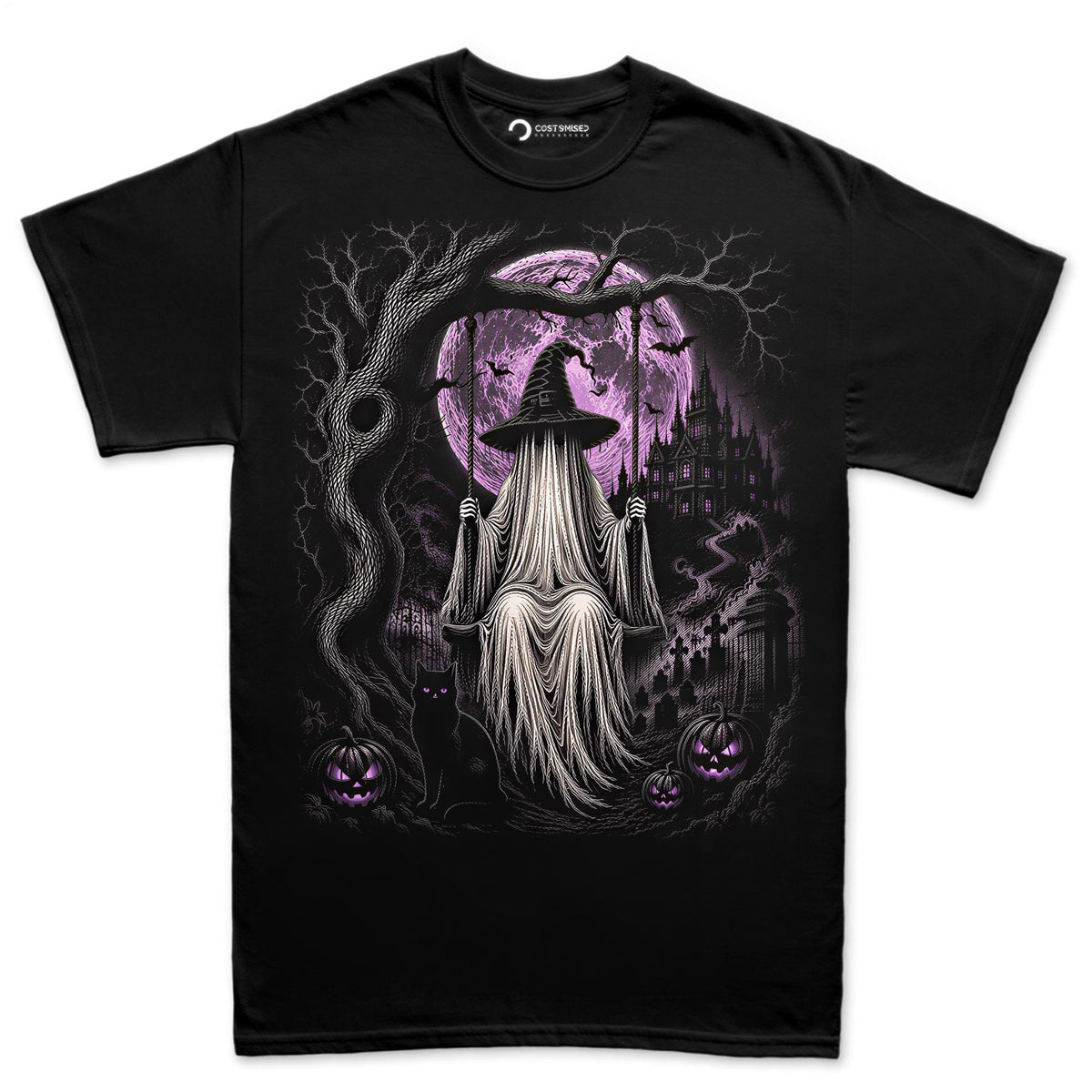 Purple Moon Witch Swing Shirt, Gothic Halloween Cat Pumpkin T-Shirt, Haunted Castle Witch Hoodie, Purple Halloween Sweatshirt