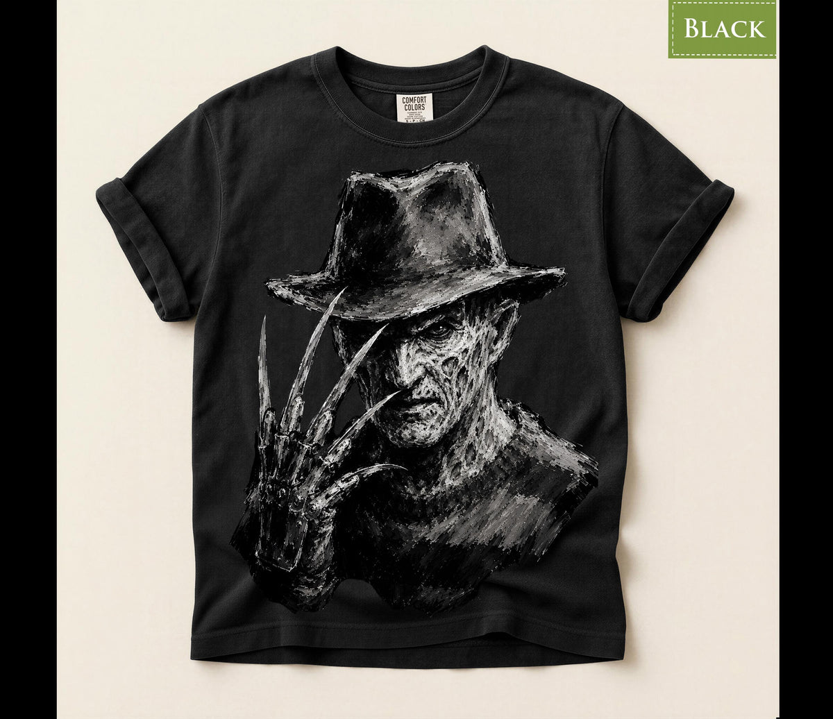 Bladed Glove Villain Shirt, Nightmare Stalker Portrait T-Shirt, Chalk Art Horror Hoodie, Fedora Horror Sweatshirt, Halloween Tee Gift