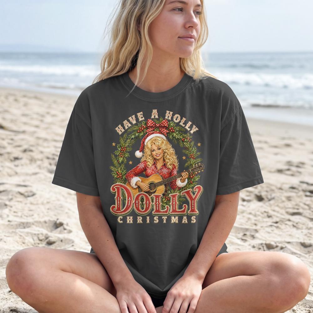 Comfort Colors® Have A Holly Dolly Christmas Shirt, Dolly Parton Guitar T-Shirt, Santa Hat Country Christmas Tee, Country Music Gift Idea