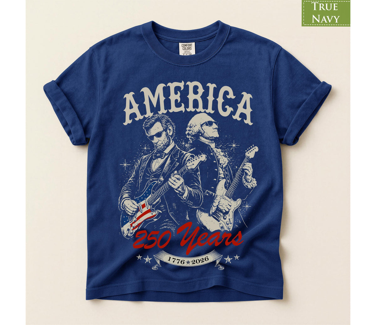 Comfort Colors® Abraham Lincoln and George Washing Playing Guitar T-shirt, July 4th 250th Anniversary Tee, America 250 Celebration Tshirt