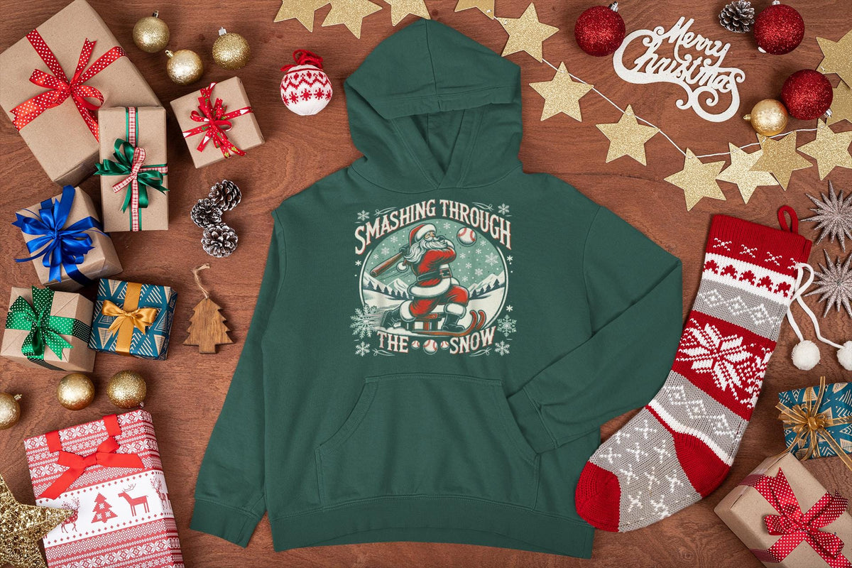 Smashing Through The Snow Santa Hoodie, Black Santa, Baseball Christmas, Santa Hooded Sweatshirt, Matching Christmas Sweatshirt for Families