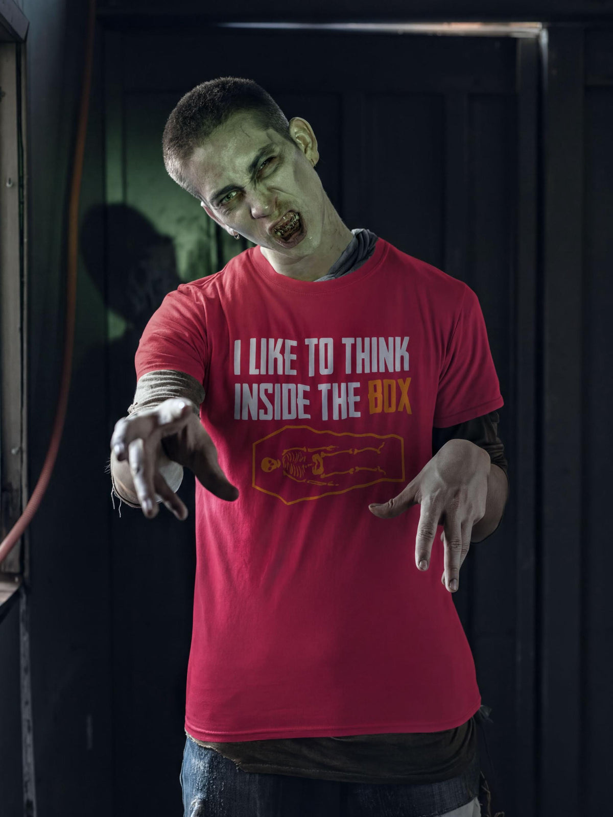 Comfort Colors® Think Inside Box Skeleton Coffin Halloween Graphic Tee, Funny Spooky Costume T-Shirt Gift