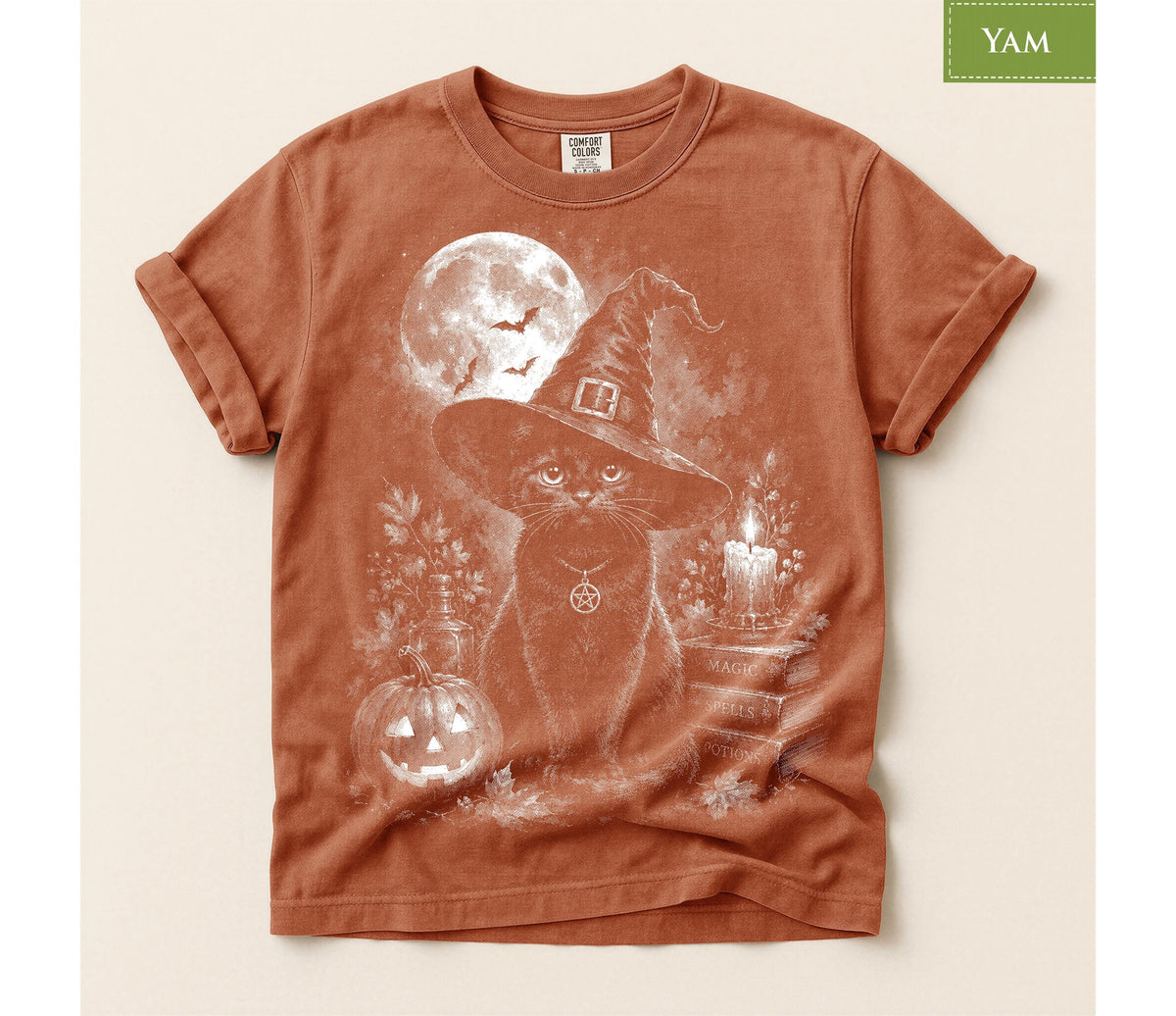 Comfort Colors® Black Cat Witch Graphic Tee, Halloween Pumpkin Moon Shirt, Spooky Magic Apparel Gift