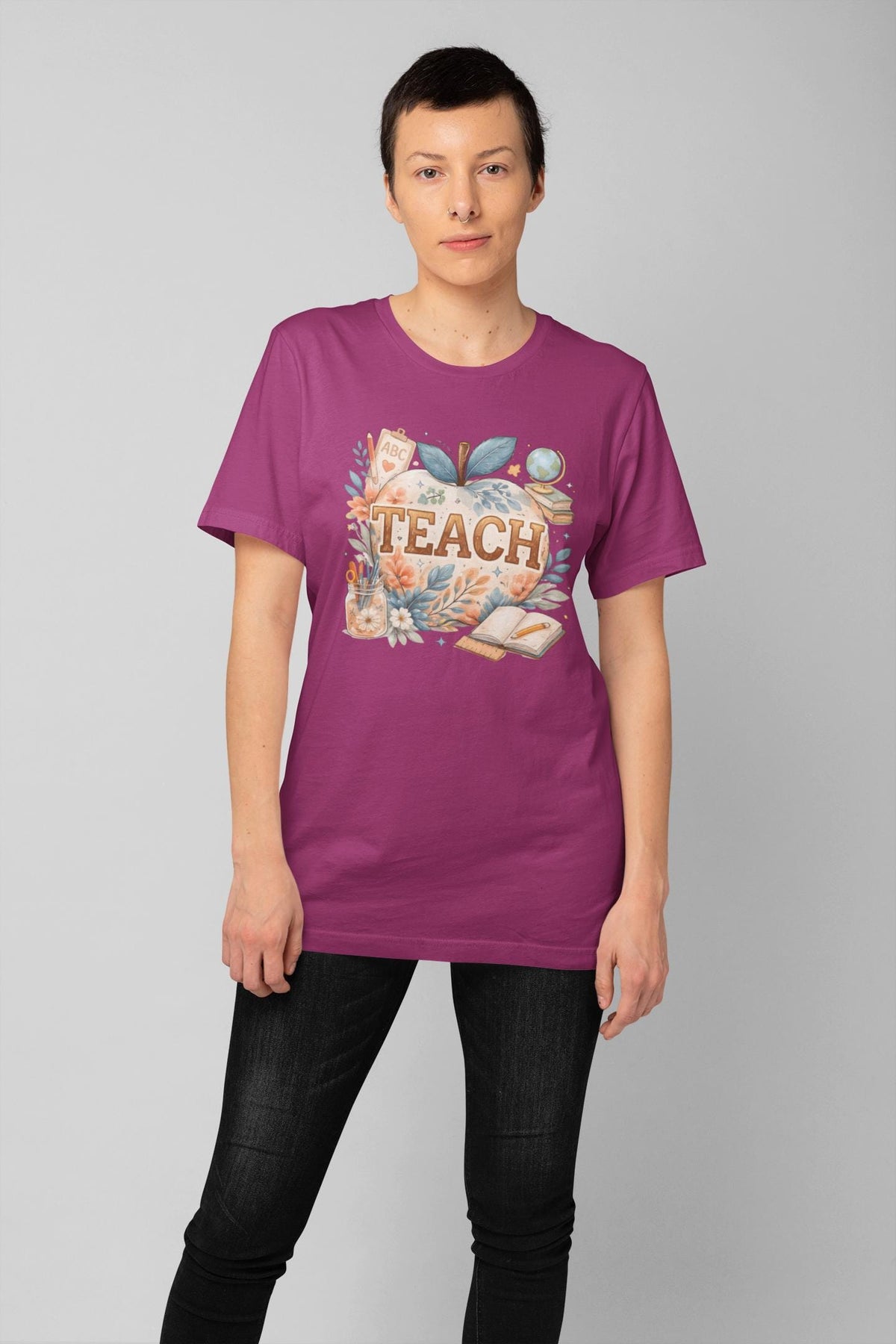 Boho Teacher T-Shirt | Teach Apple Watercolor | Teacher Gift Tee, Educator School Top