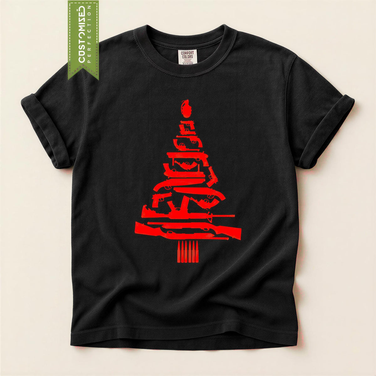 Comfort Colors® Christmas Tree Gun Shirt, Firearm Holiday Tee, Funny Hunting Christmas Graphic, Festive Gift