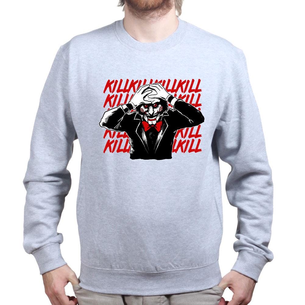 Killer Puppet Portrait Shirt, Horror Puppet Pop Art T-Shirt, Creepy Doll Face Hoodie, Repeated Text Horror Sweatshirt, Halloween Tee Gift