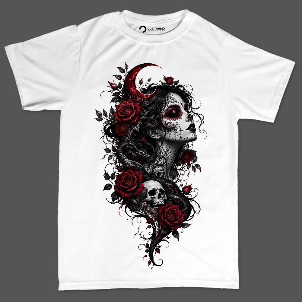Sugar Skull Woman Roses Shirt, Gothic Skull Snake T-Shirt, Dark Rose Tattoo Style Hoodie, Crescent Moon Skull Sweatshirt, Halloween Tee Gift