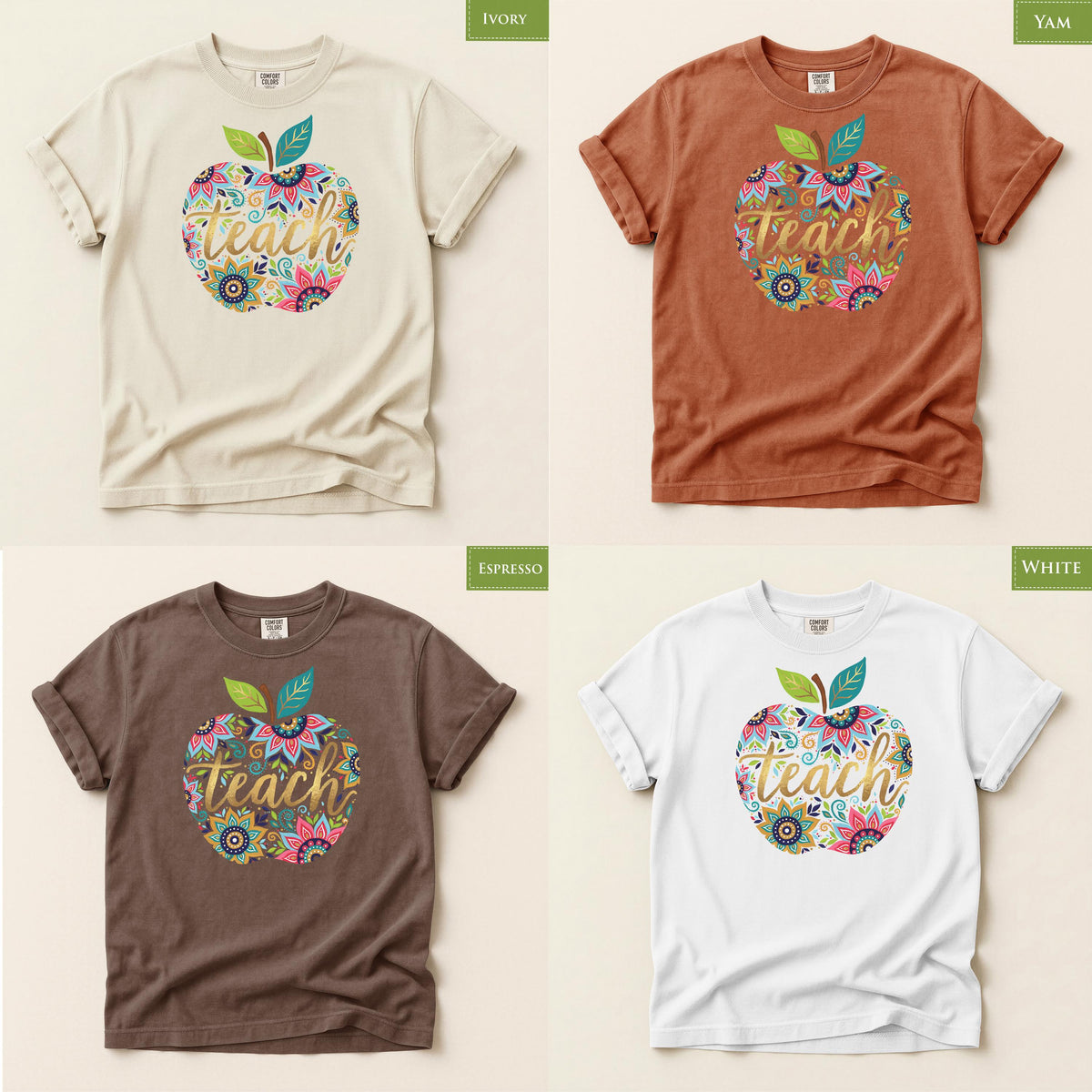 Comfort Colors® Floral Apple Teach Shirt, Back to School Top, Cute Boho Educator Tee