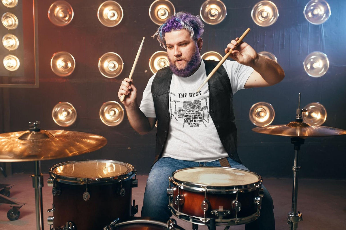 Drummer T-Shirt: Iconic Drum Set Design with Legendary Names, Percussion Gift