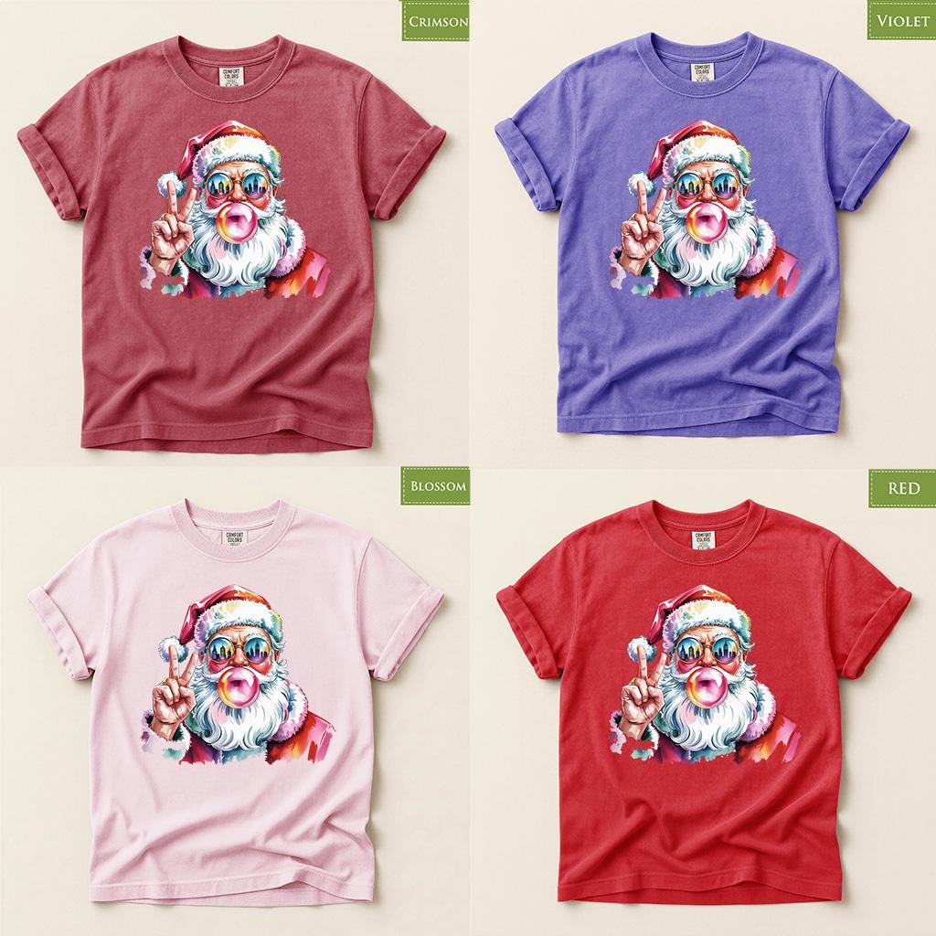 Comfort Colors® Christmas Shirt, Retro Santa Tee, Bubble Gum Santa, Colorful Holiday Graphic, Xmas Gift