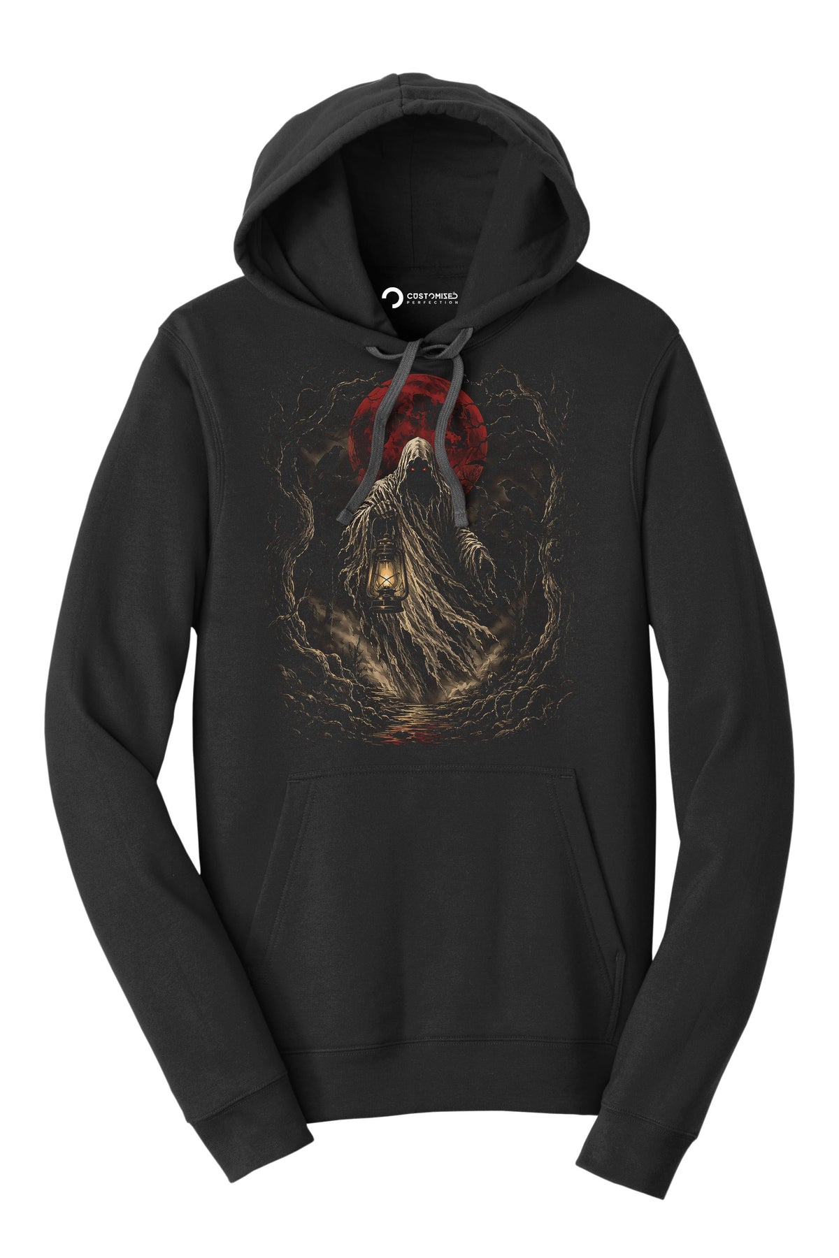 Hooded Wraith Blood Moon Shirt, Dark Fantasy Halloween T-Shirt, Glowing Eyes Lantern Hoodie, Gothic Forest Sweatshirt, Horror Tee Gift