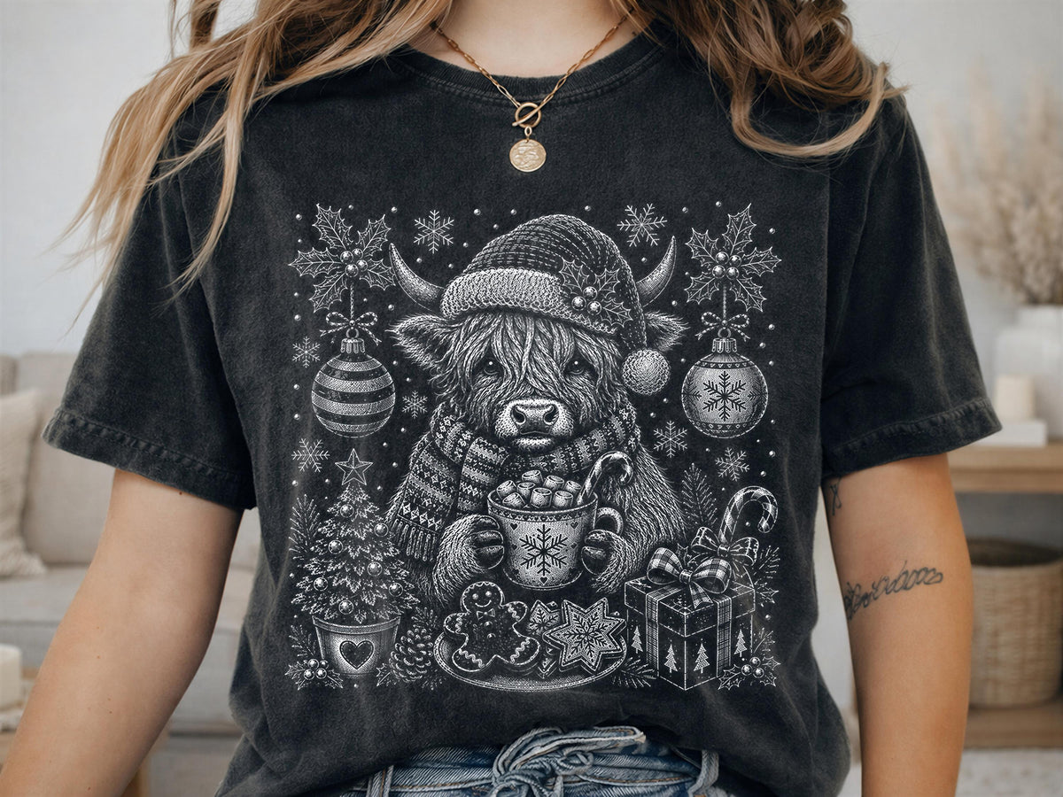 Comfort Colors® Highland Cow Christmas Shirt, Festive Holiday Tee, Cozy Winter Gift, Christmas Cow Graphic