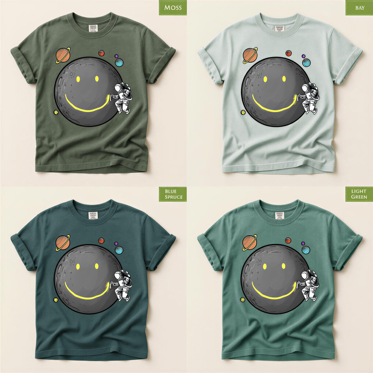 Comfort Colors® Smiley Moon T-Shirt, Astronaut Spraying Graffiti Tee, Retro Moonwalk Top