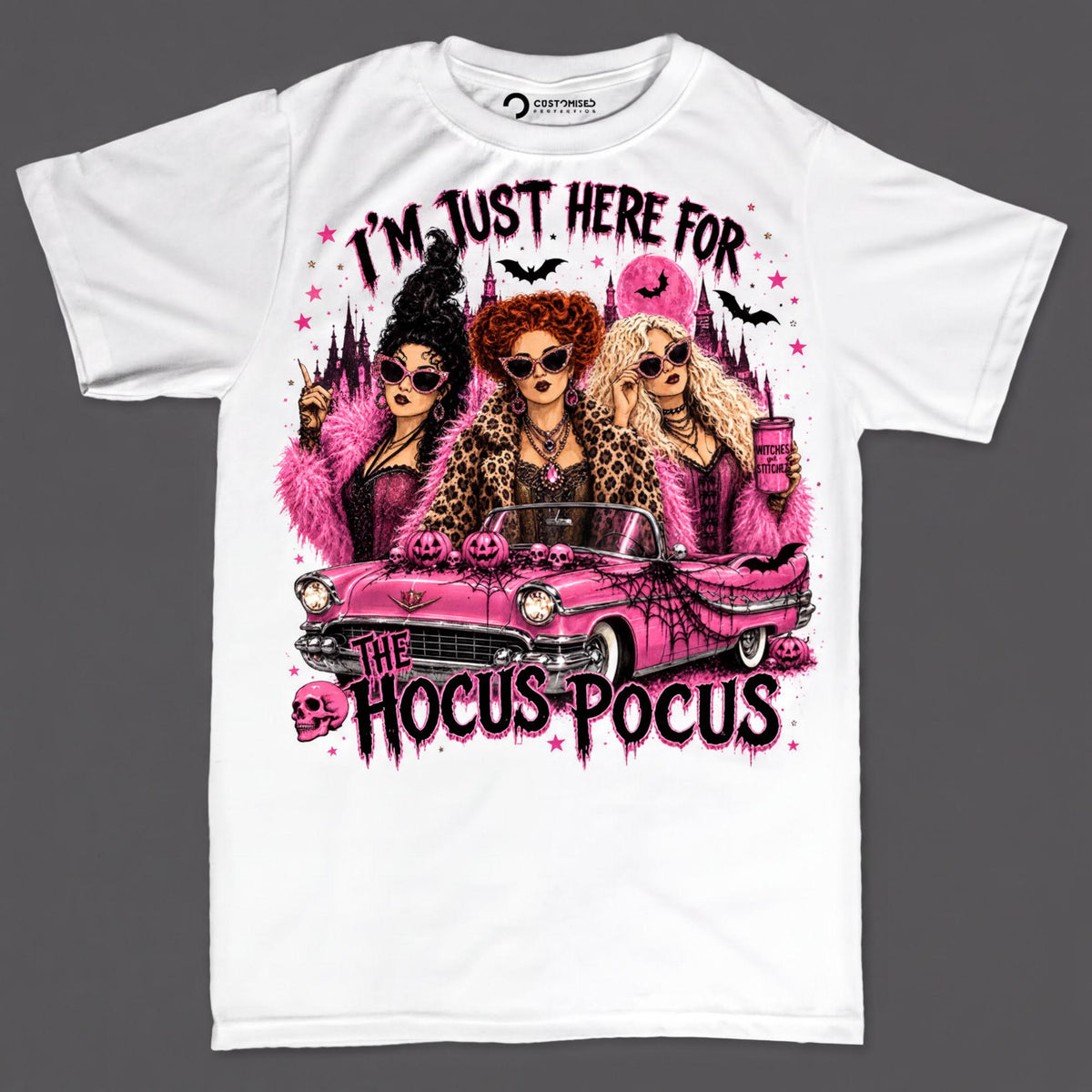 Three Witches Pink Car Shirt, Retro Witch Squad T-Shirt, Sassy Halloween Trio Hoodie, Pink Cadillac Witches Sweatshirt, Halloween Tee Gift