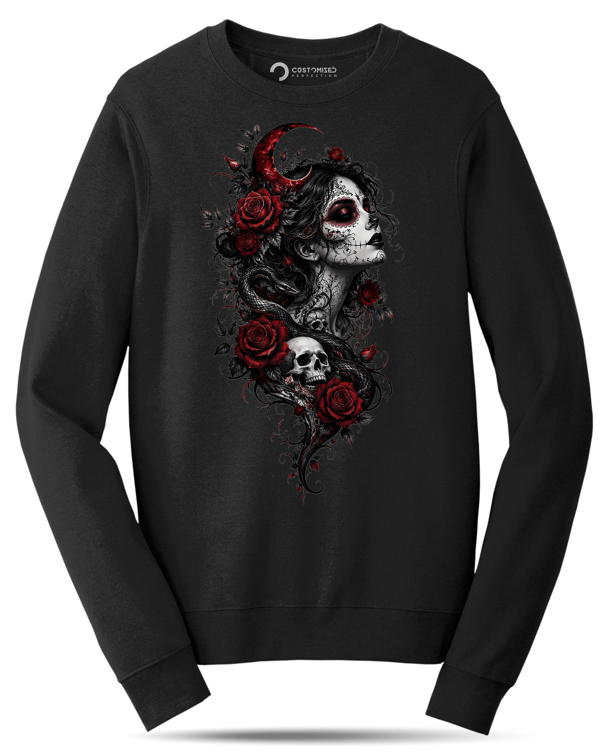 Sugar Skull Woman Roses Shirt, Gothic Skull Snake T-Shirt, Dark Rose Tattoo Style Hoodie, Crescent Moon Skull Sweatshirt, Halloween Tee Gift