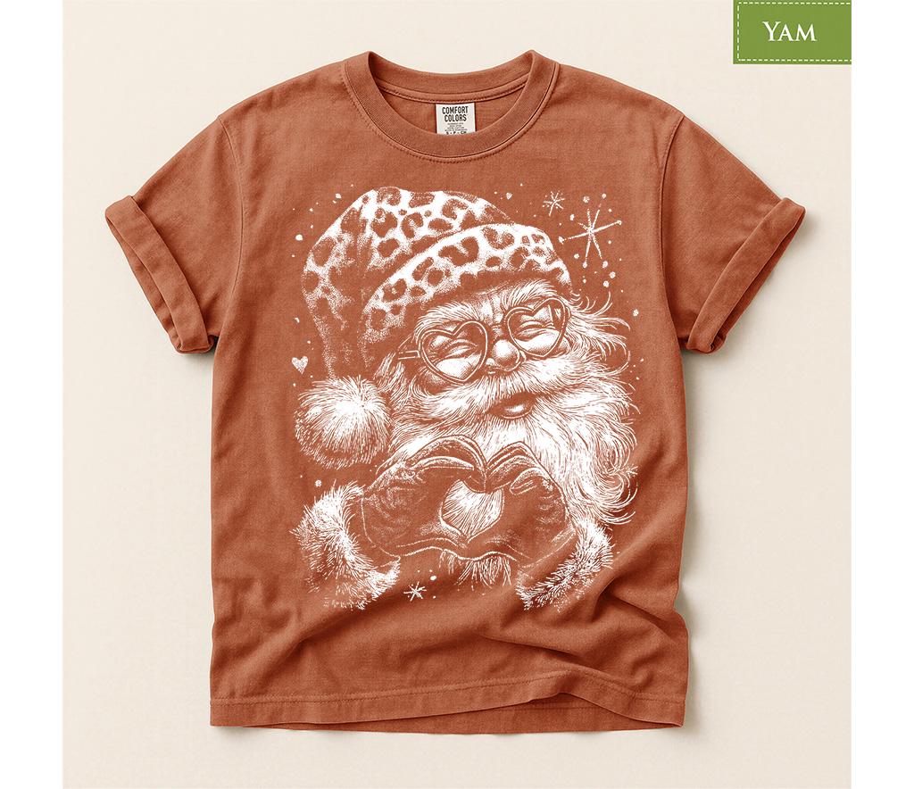 Comfort Colors® Leopard Santa Christmas Shirt, Funny Holiday Tee, Heart Glasses Santa, Cute Christmas Gift