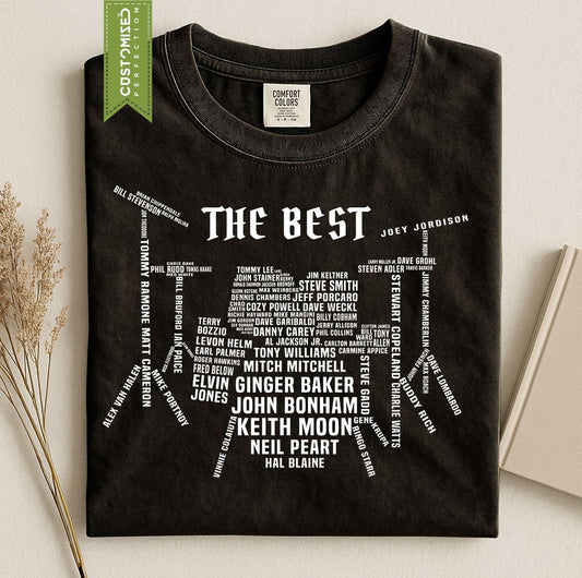 Drummer T-Shirt, Percussion Gift, Comfort Colors® Iconic Drum Set Design with Legendary Names