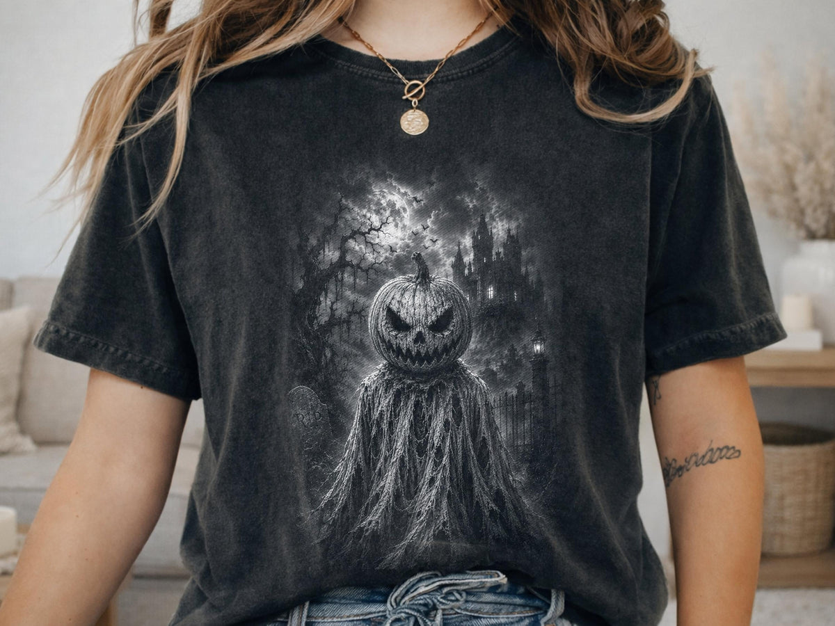 Comfort Colors® Pumpkin Scarecrow Graphic Tee, Haunted Halloween Shirt, Spooky Gothic Apparel Gift
