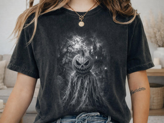 Comfort Colors® Pumpkin Scarecrow Graphic Tee, Haunted Halloween Shirt, Spooky Gothic Apparel Gift