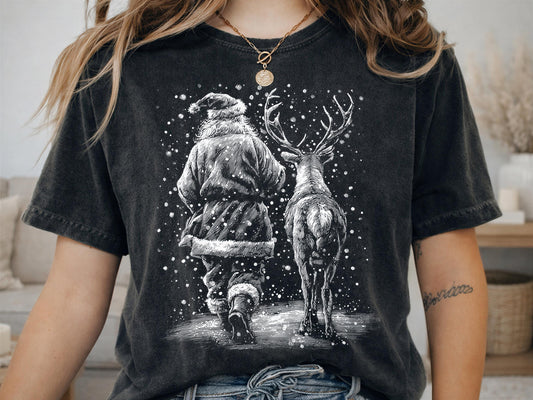 Comfort Colors® Santa Reindeer Christmas Shirt, Walking Through Snow Holiday Tee, Vintage Winter Gift, Festive Graphic