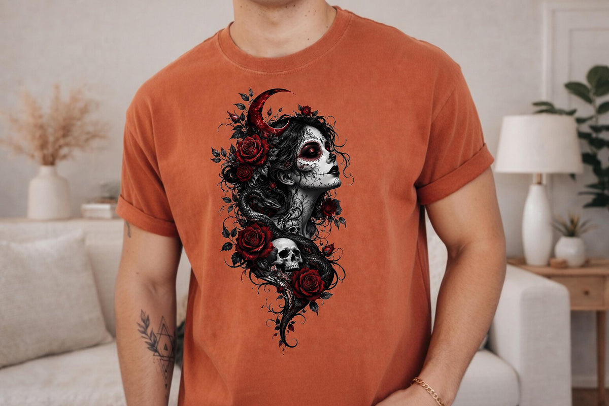 Comfort Colors® Gothic Skull Rose Snake Graphic Tee, Halloween Dark Magic Shirt, Día de los Muertos