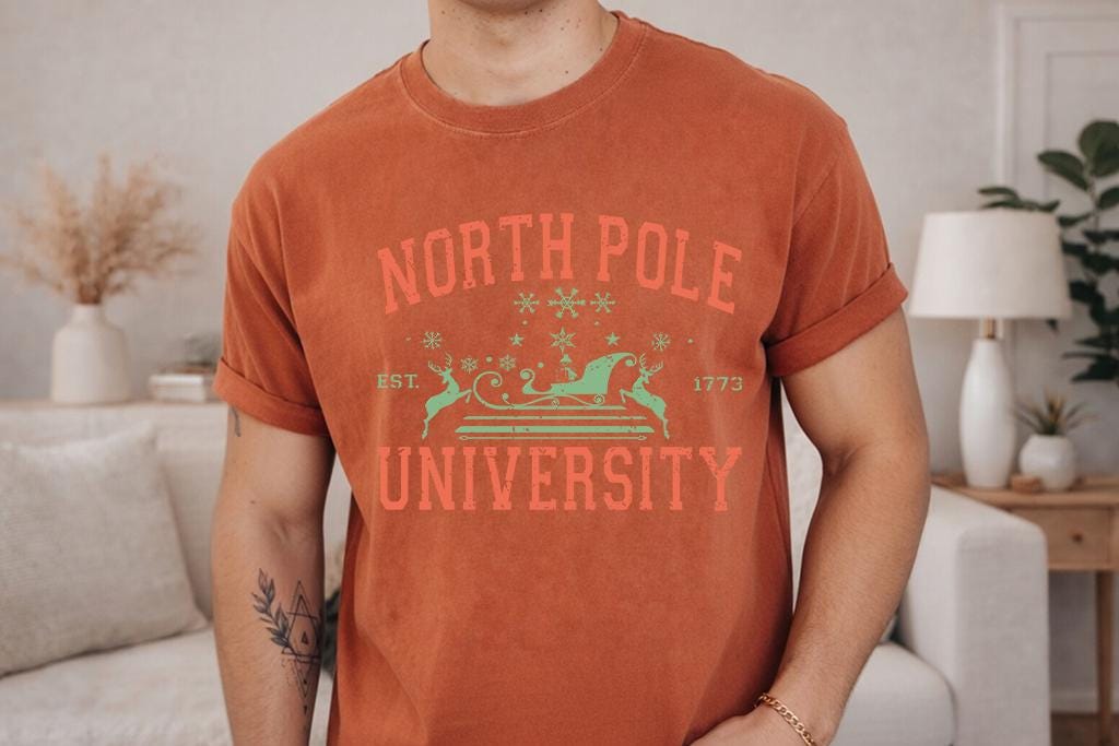 Comfort Colors® North Pole University Christmas Shirt, Funny Christmas College Tee, Santa Sleigh Holiday Shirt, Xmas Gift
