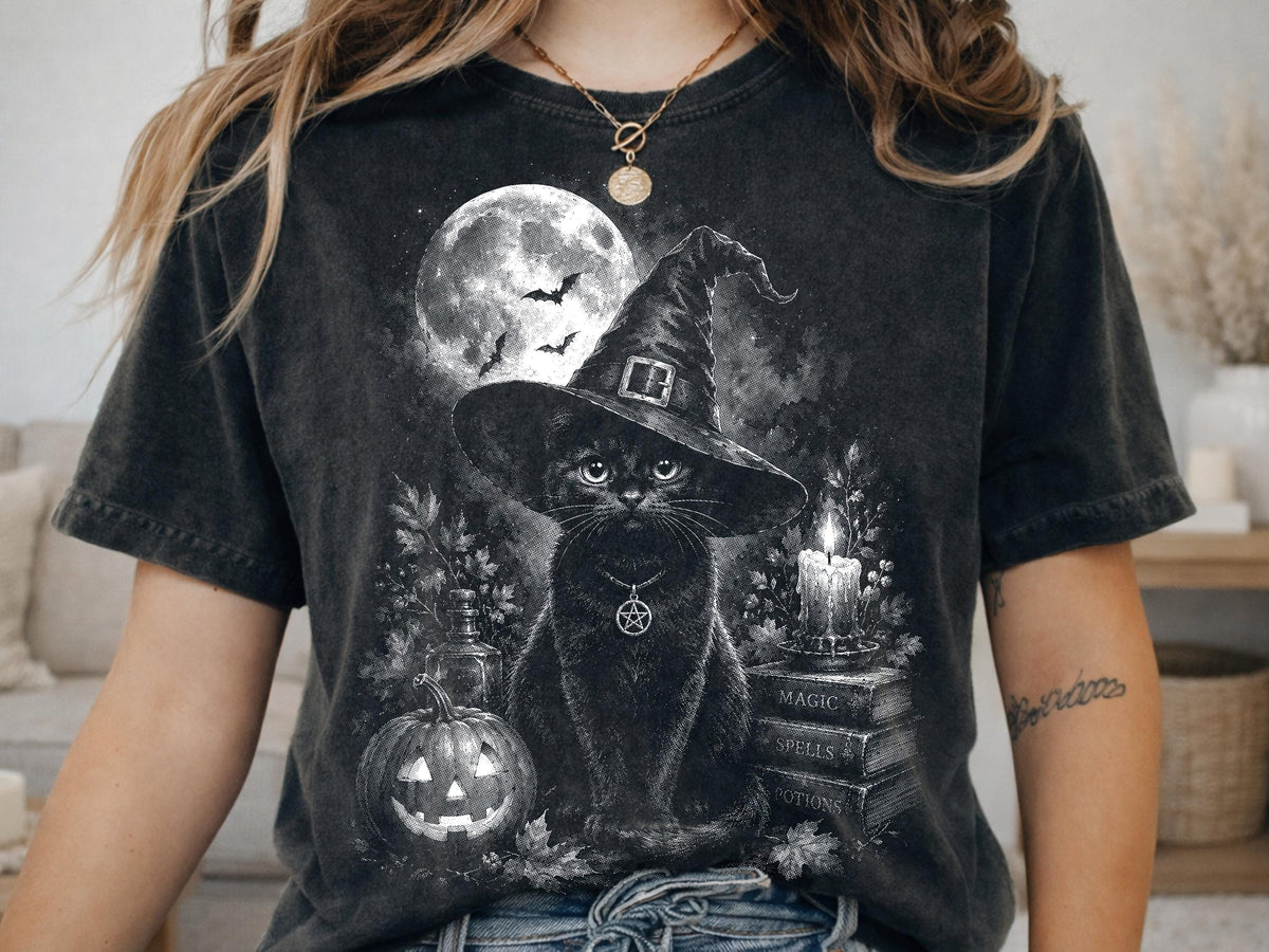 Witch Black Cat Shirt, Gothic Halloween T-Shirt, Magic Spells Potions Hoodie, Witchy Aesthetic Sweatshirt, Full Moon Cat Tee Gift