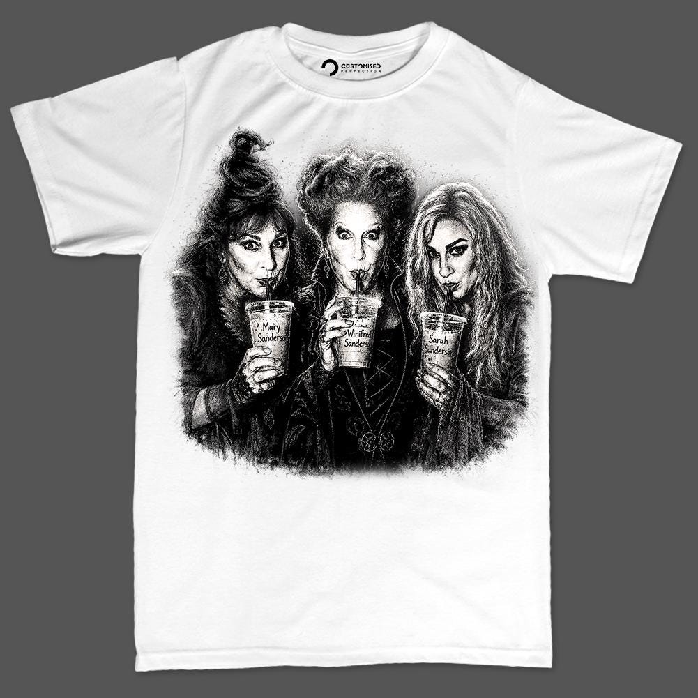 Three Witches Iced Drinks Shirt, Chalk Art Witch Trio T-Shirt, Dramatic Halloween Portrait Hoodie, Black White Witch Sweatshirt
