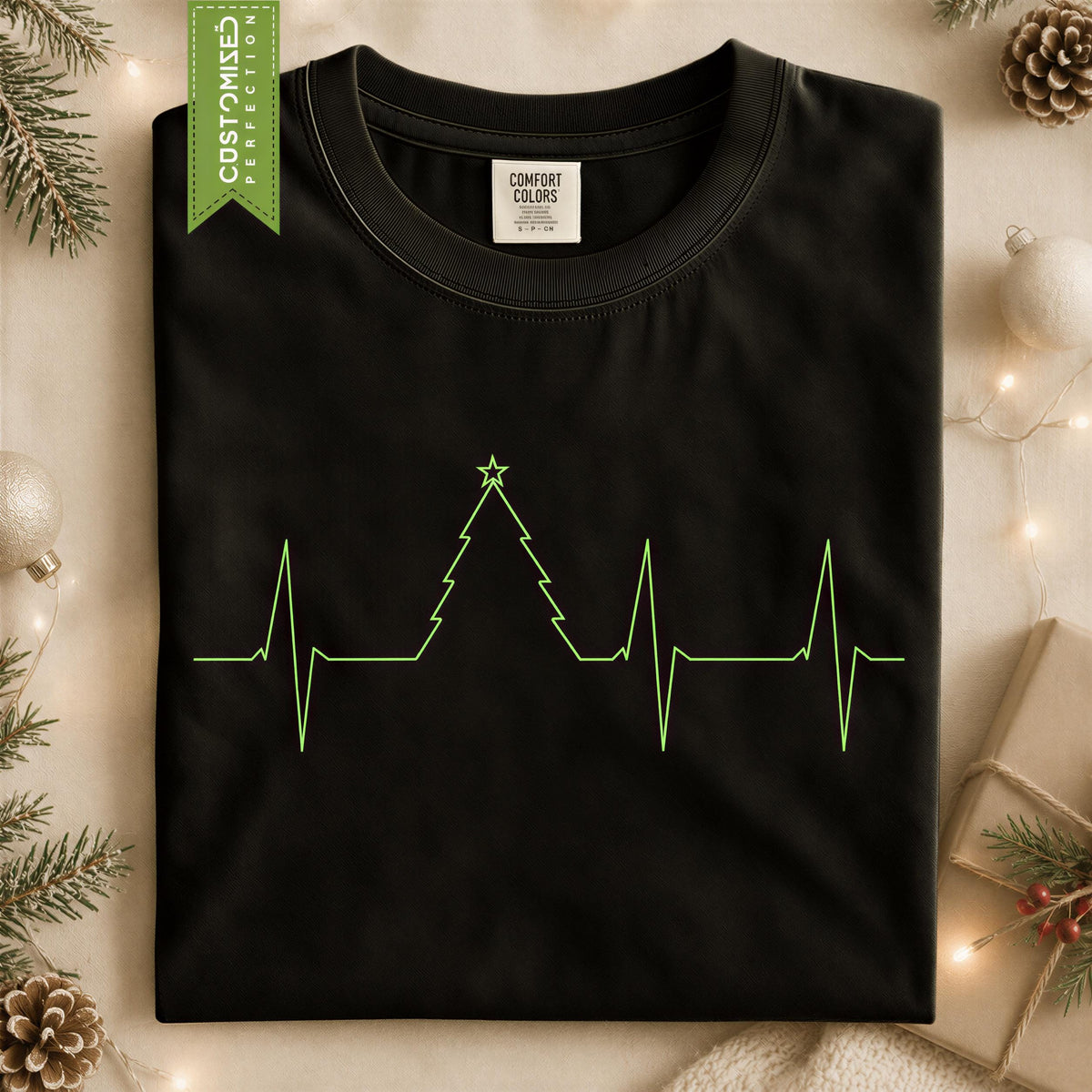 Comfort Colors® Christmas Tree Heartbeat Shirt, Holiday ECG Graphic Tee, Festive Winter Gift, Christmas Tree Shirt