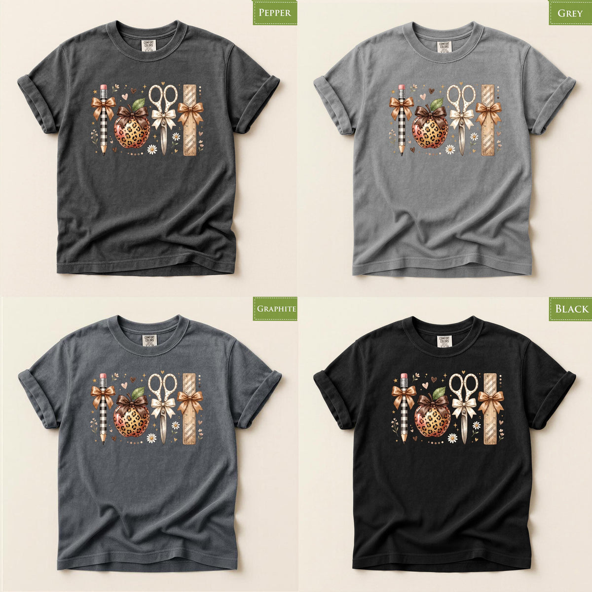 Comfort Colors® Leopard Apple Teacher Shirt, Back To School Top, Coquette Bow Pencil Scissors Ruler Tee