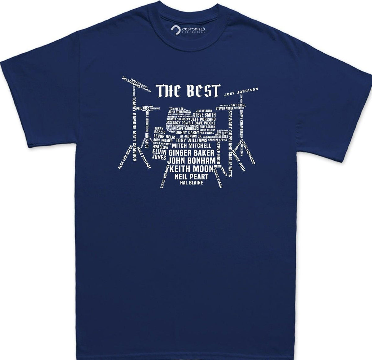 Drummer T-Shirt: Iconic Drum Set Design with Legendary Names, Percussion Gift
