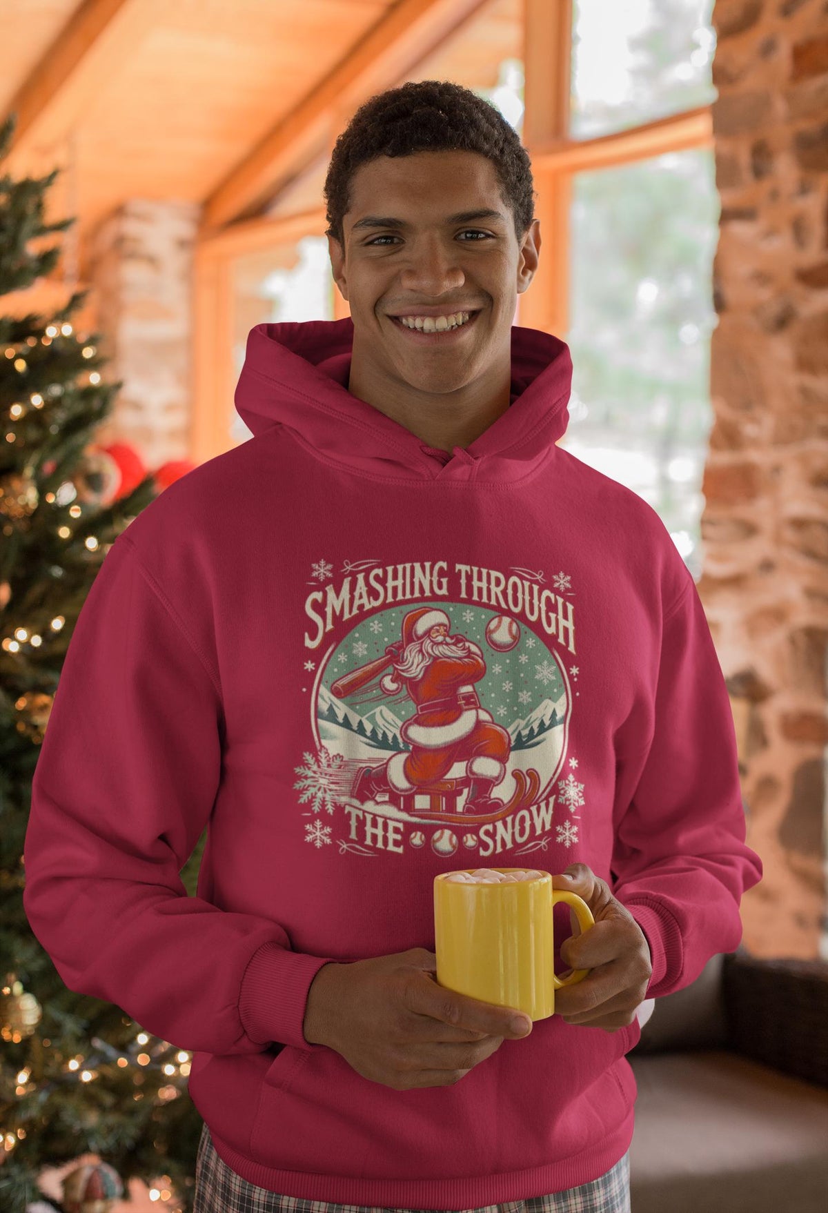 Smashing Through The Snow Santa Hoodie, Black Santa, Baseball Christmas, Santa Hooded Sweatshirt, Matching Christmas Sweatshirt for Families
