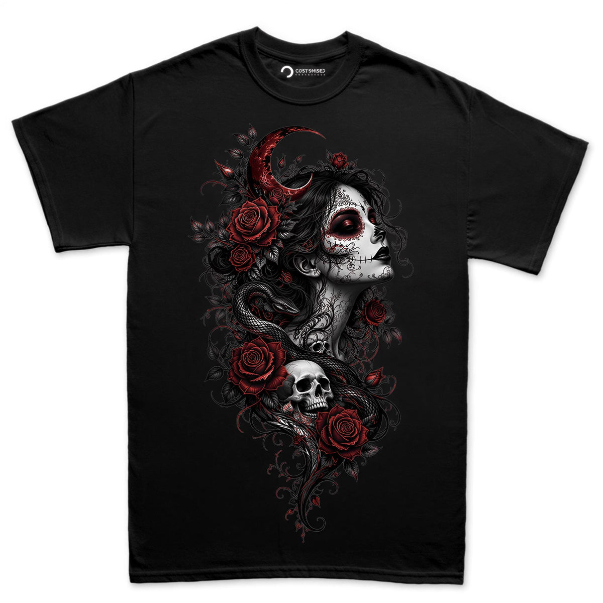 Sugar Skull Woman Roses Shirt, Gothic Skull Snake T-Shirt, Dark Rose Tattoo Style Hoodie, Crescent Moon Skull Sweatshirt, Halloween Tee Gift