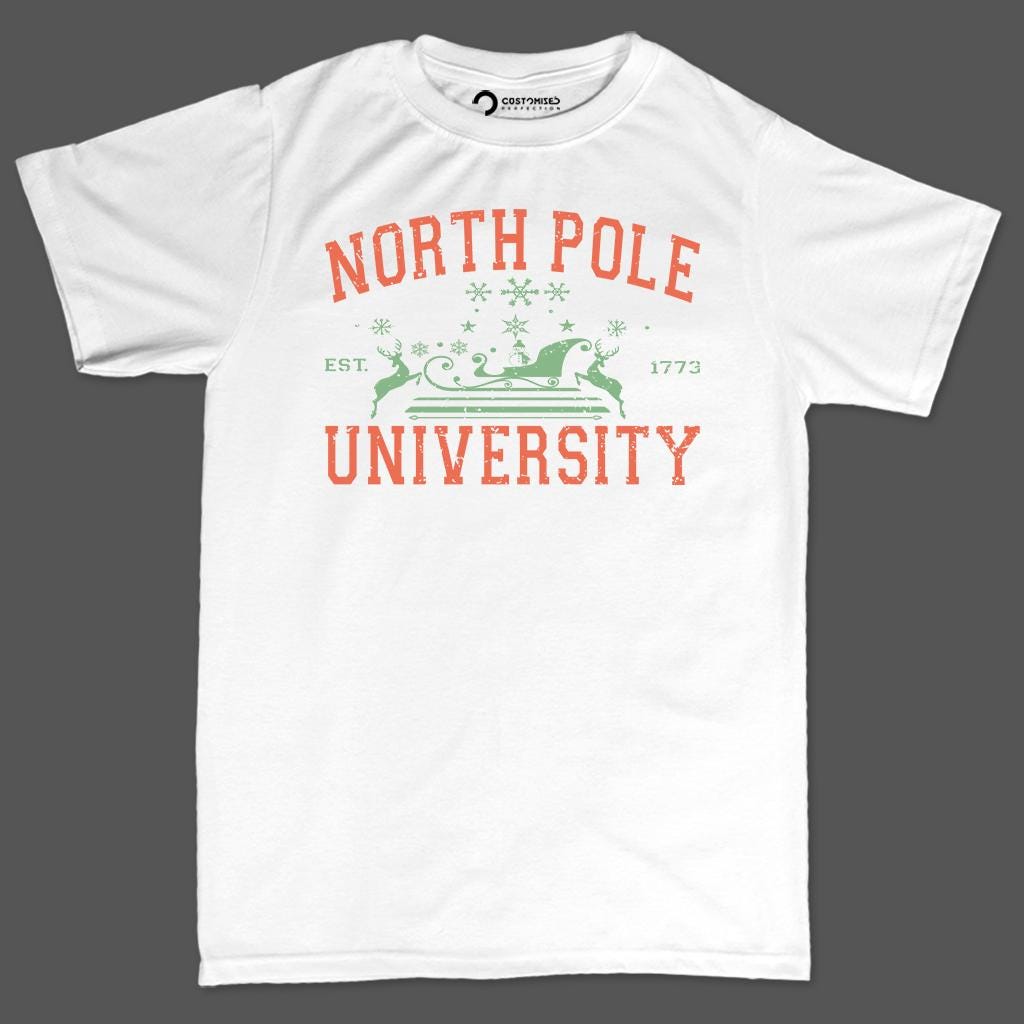 North Pole University Shirt, Vintage Varsity Christmas T-Shirt, Retro Reindeer Sleigh Hoodie, Collegiate Holiday Sweatshirt