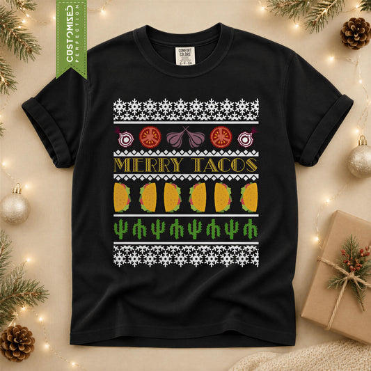 Comfort Colors® Merry Tacos Christmas Shirt, Funny Taco Holiday Tee, Mexican Christmas Gift, Festive Taco Graphic
