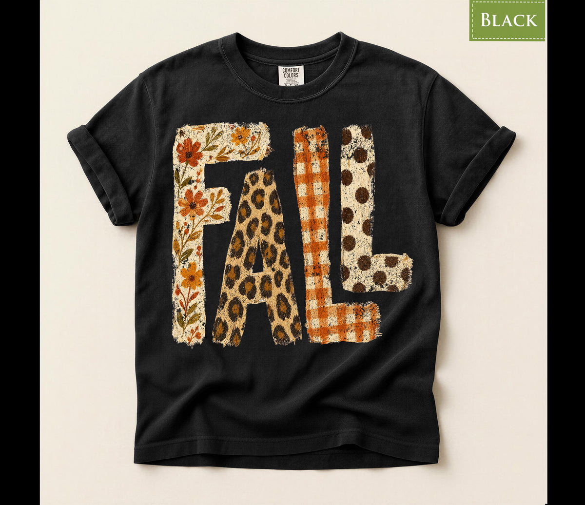 Comfort Colors® Fall Patch Halloween Style Graphic Tee, Autumn Floral Leopard Print Shirt