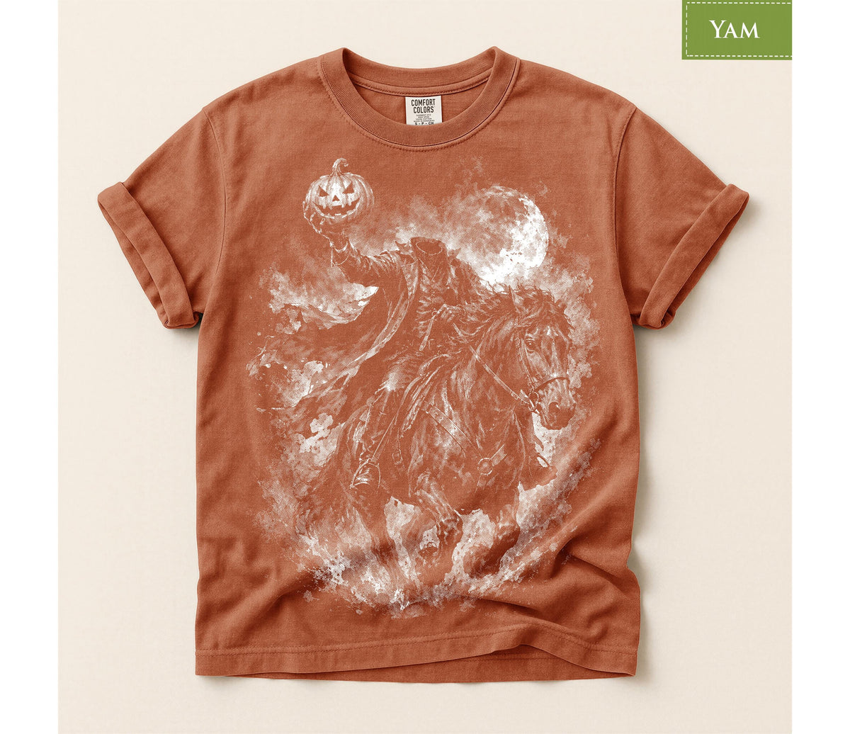 Comfort Colors® Headless Horseman Pumpkin Graphic Tee, Haunted Halloween Shirt, Spooky Gothic Apparel Gift