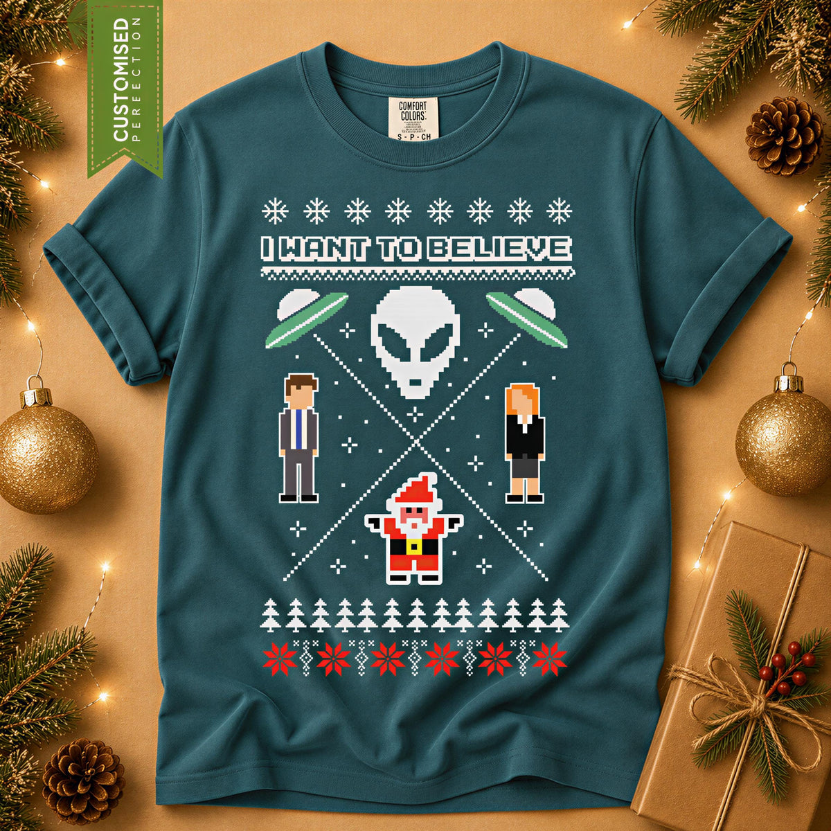 Comfort Colors® I Want to Believe Christmas Shirt, Alien UFO Holiday Tee, Retro X Files Inspired Gift, Funny Xmas Graphic