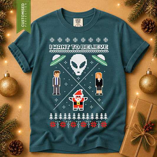 Comfort Colors® I Want to Believe Christmas Shirt, Alien UFO Holiday Tee, Retro X Files Inspired Gift, Funny Xmas Graphic