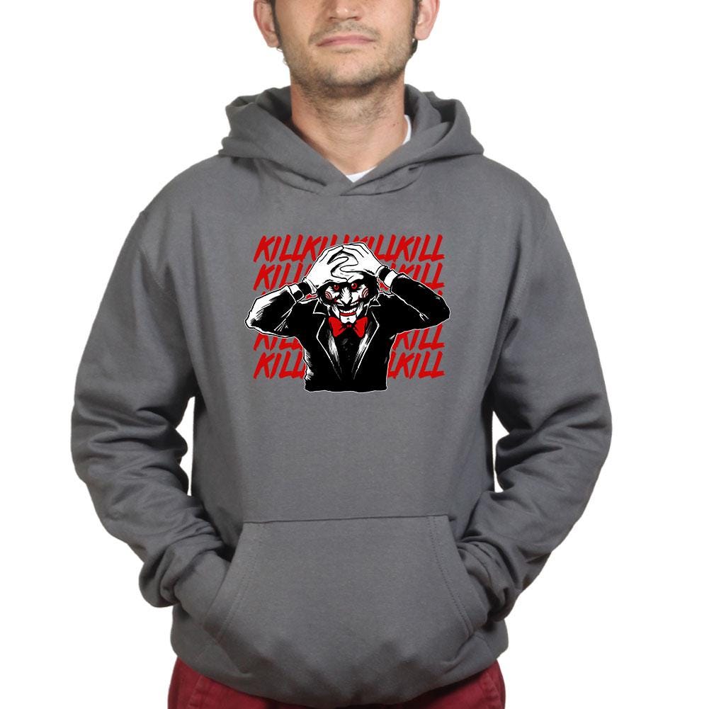 Killer Puppet Portrait Shirt, Horror Puppet Pop Art T-Shirt, Creepy Doll Face Hoodie, Repeated Text Horror Sweatshirt, Halloween Tee Gift