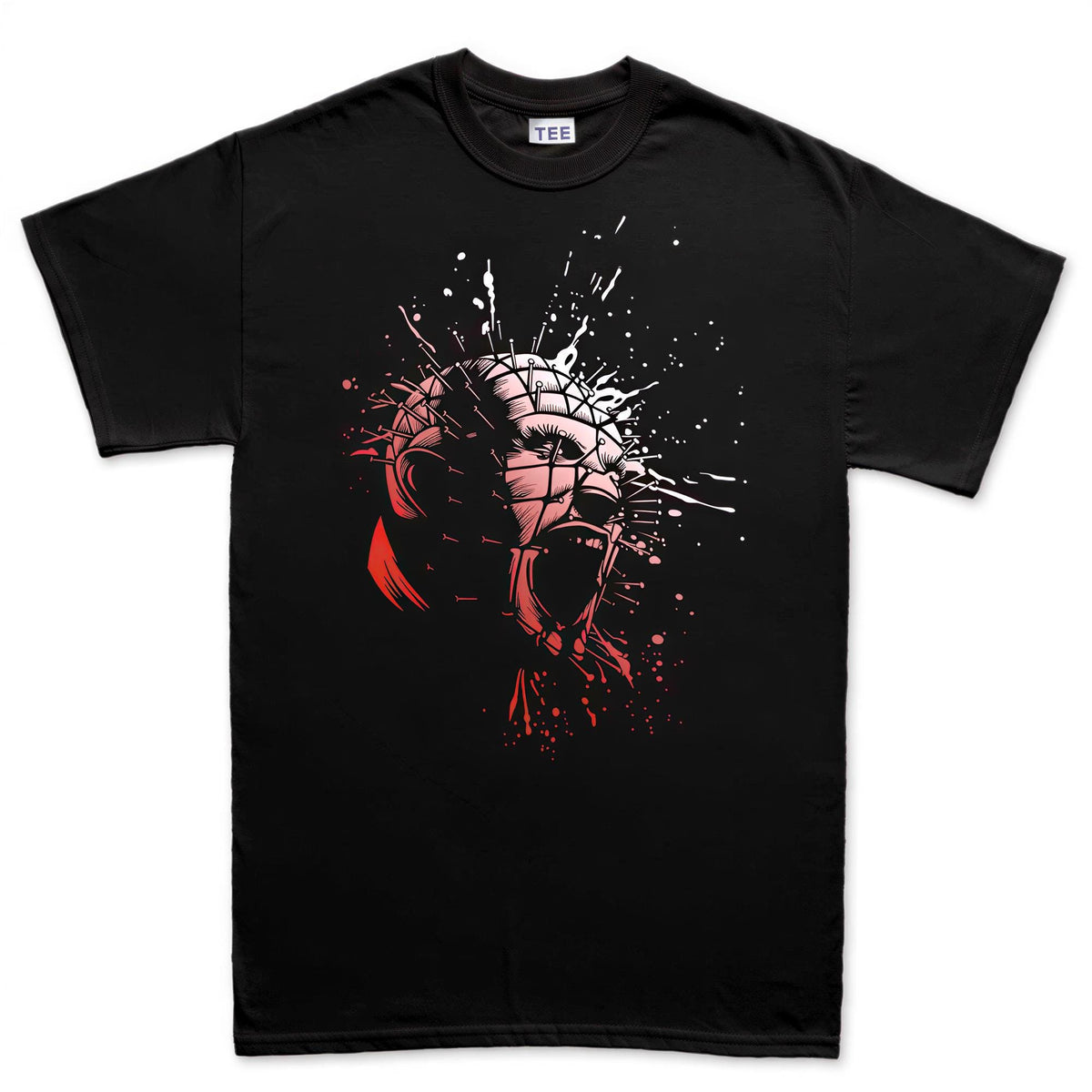 Pinhead Horror Splatter Shirt, Grid Pattern Villain T-Shirt, Ink Splatter Horror Hoodie, Screaming Horror Face Sweatshirt