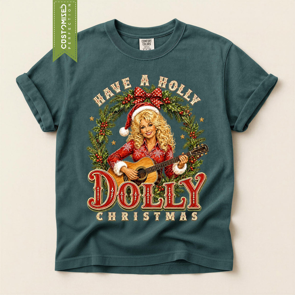 Comfort Colors® Have A Holly Dolly Christmas Shirt, Dolly Parton Guitar T-Shirt, Santa Hat Country Christmas Tee, Country Music Gift Idea