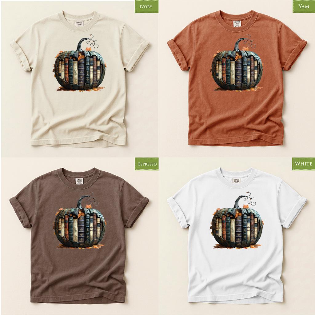 Comfort Colors® Book Pumpkin Shirt, Fall Reading Tee, Autumn Book Lover Gift, Cozy Library Shirt, Back to School