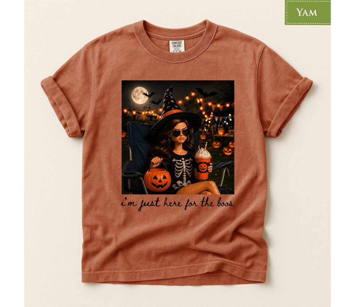 Comfort Colors® Pumpkin Spice Latte Doll Shirt, Halloween I'm Just Here for the Boos Graphic Tee, Spooky Season Fall Top