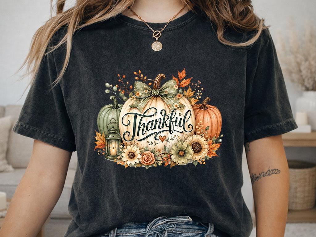 Comfort Colors® Thankful Pumpkin Shirt, Thanksgiving Fall Tee, Rustic Floral Harvest Graphic