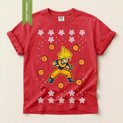 Comfort Colors® Super Saiyan Christmas Shirt, Anime Holiday Tee, Pixel Art Christmas Graphic, Dragon Ball Inspired Gift