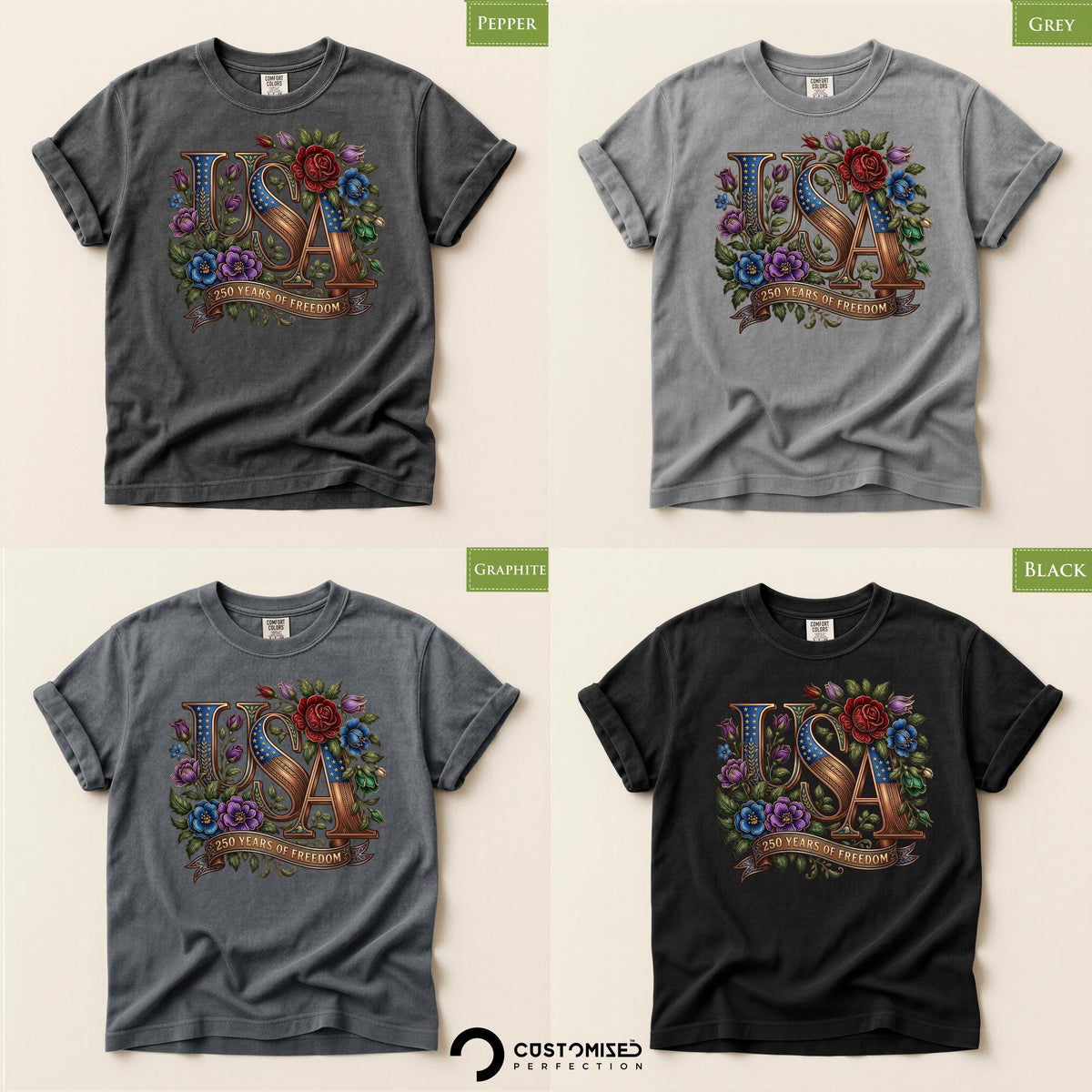 July 4th USA Floral Shirt, Comfort Colors® Patriotic Womens Tee