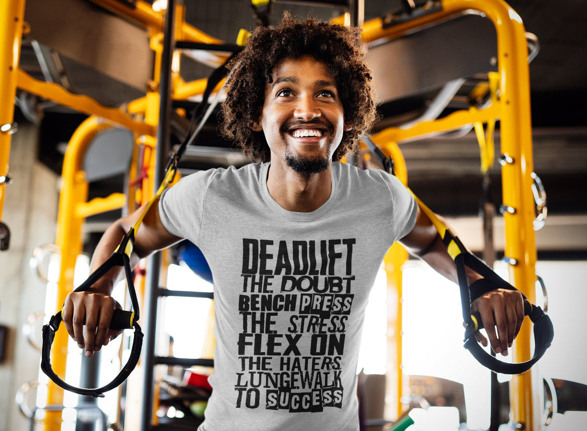 Motivational Gym T-Shirt – Deadlift, Bench Press, Lungewalk