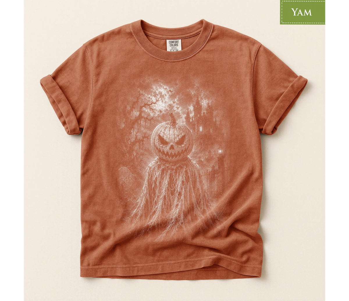 Comfort Colors® Pumpkin Scarecrow Graphic Tee, Haunted Halloween Shirt, Spooky Gothic Apparel Gift